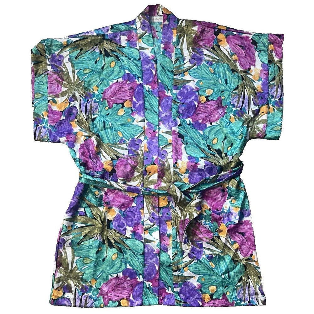 Vintage Lucie Ann II Sz Small Satin Tie Robe Floral Jewel Tone Short Swim Cover